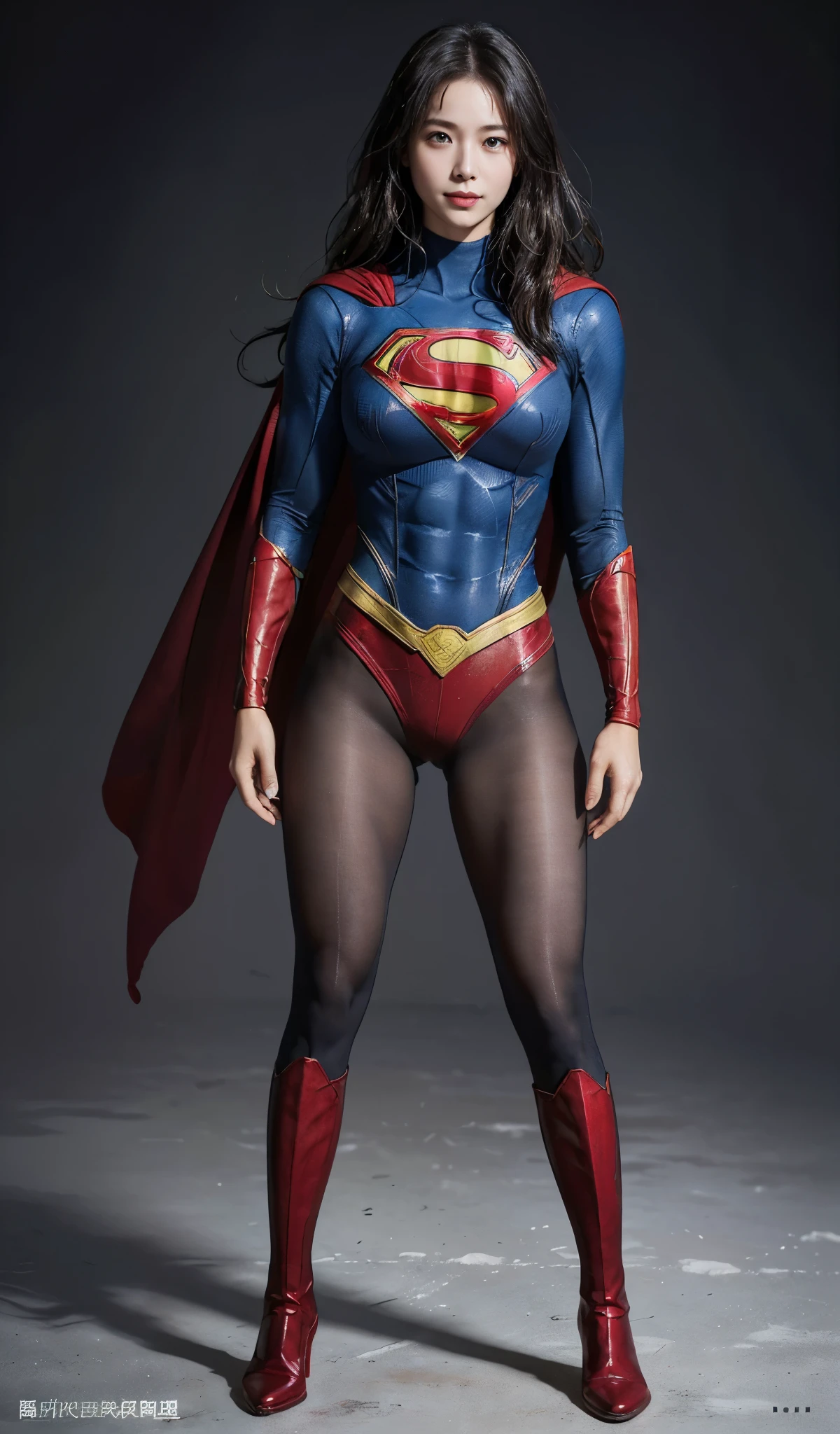 No background、(((Beautiful legs in black tights.)))、(((Legally express the beauty of your smile)))、((((Make the most of your original images)))、(((Supergirl Costume)))、(((Beautiful Hair)))、(((suffering)))、(((Please wear black tights....、Wear red boots)))、((Best image quality、8K))、((highest quality、8K、masterpiece:1.3))、(((Preserve background )))、Sharp focus:1.2、Beautiful woman with perfect figure:1.4、Thin abdominal muscles:1.2、Wet body:1.5、Highly detailed face and skin texture、8K