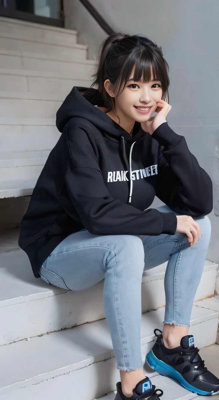 highest quality, Realistic, Very detailed, Finer details, High resolution, 8k wallpaper, One beautiful woman,Sit on the stairs、(Wear black socks)smile、(Beautiful teeth alignment、)(Gums are visible) Oversized hoodie, Skinny jeans,( Black sneakers)、Black Hair、 Beautiful Bangs、ear piercing、Perfect dynamic composition, Beautiful and detailed, Full Body Shot, A big smile