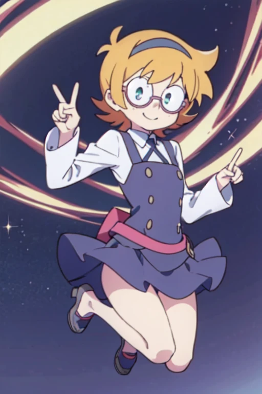 8k quality, solo, 1girl, lotte jansson, luna nova , looking at viewer, smile, full body view, peace sign with fingers, in jump, without glasses 