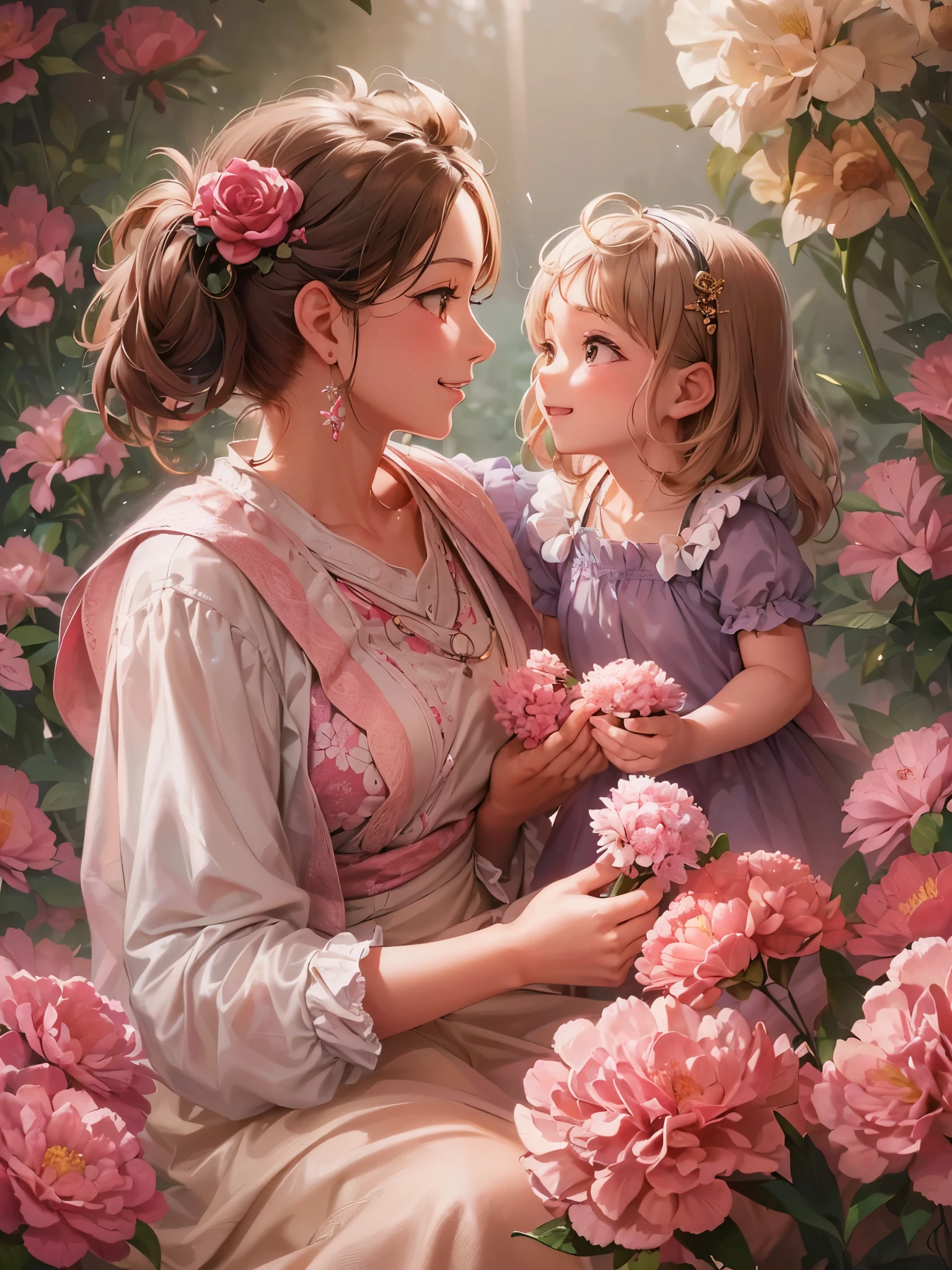 ((highest quality)),(Ultra-high resolution),(Very detailed),(Detailed Description),((The best CG)),(A masterpiece),Ultra-precise art,Amazing drawing art,(Art with precise detail:1.5), (カーネーションを渡す娘とsmileを浮かべ受け取る母親:1.7),smile:1.5, Soft sunlight:1.4,Breeze:1.3,