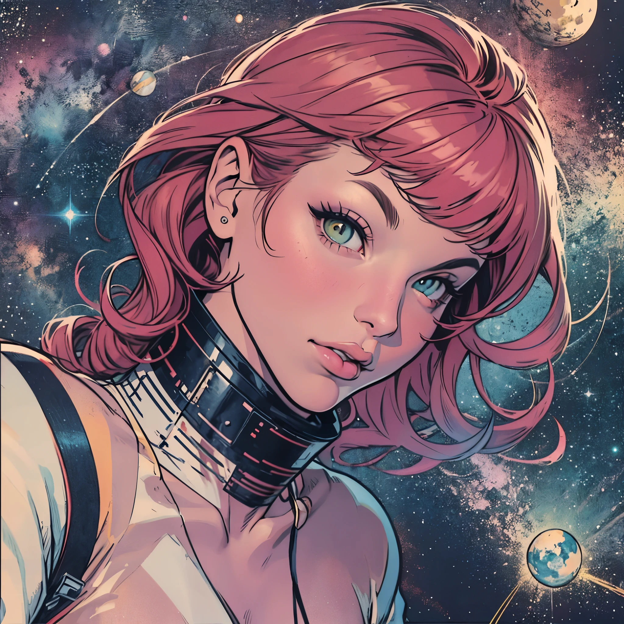 ultimate best quality,beautiful woman,speech bubble,big brest,galaxy,60s,70s,80s,colorful,cosmo,space,((Heterochromia))