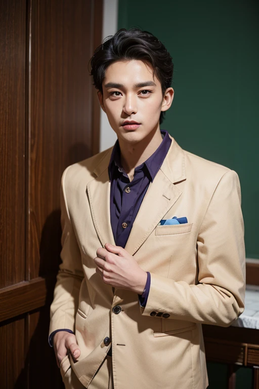 (1man:1.4),(male:1.2),(upper body:1.2),(Collared shirt and blazer and suit trousers:1.4),