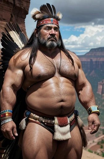 A shirtless Apache warrior with a huge eagle feather headdress on his head obese full body bodybuilder with a very sweaty body an extremely muscular and extremely fat old man over 70 years old weighing over 600 pounds very muscular very hairy large pecs with dark nipples with gynecomastia in a a landscape of the Colorado canyon wearing a loincloth in the rain
