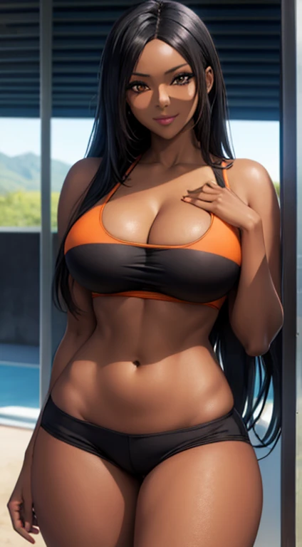 Huge naked breasts, (masterpiece), best quality, expressive eyes, perfect face, black ebony skin, sports bra and shorts, perfect shaped body, long hair, black hair, orange eyes, massive sized breast, black skin, ultra realistic detailed orange eyes, long and open hair, big smile, looking at camera, innocent eyes, innocent face, cute anime girl face, black skin anime girl, bright smile on her face, thigh legs
