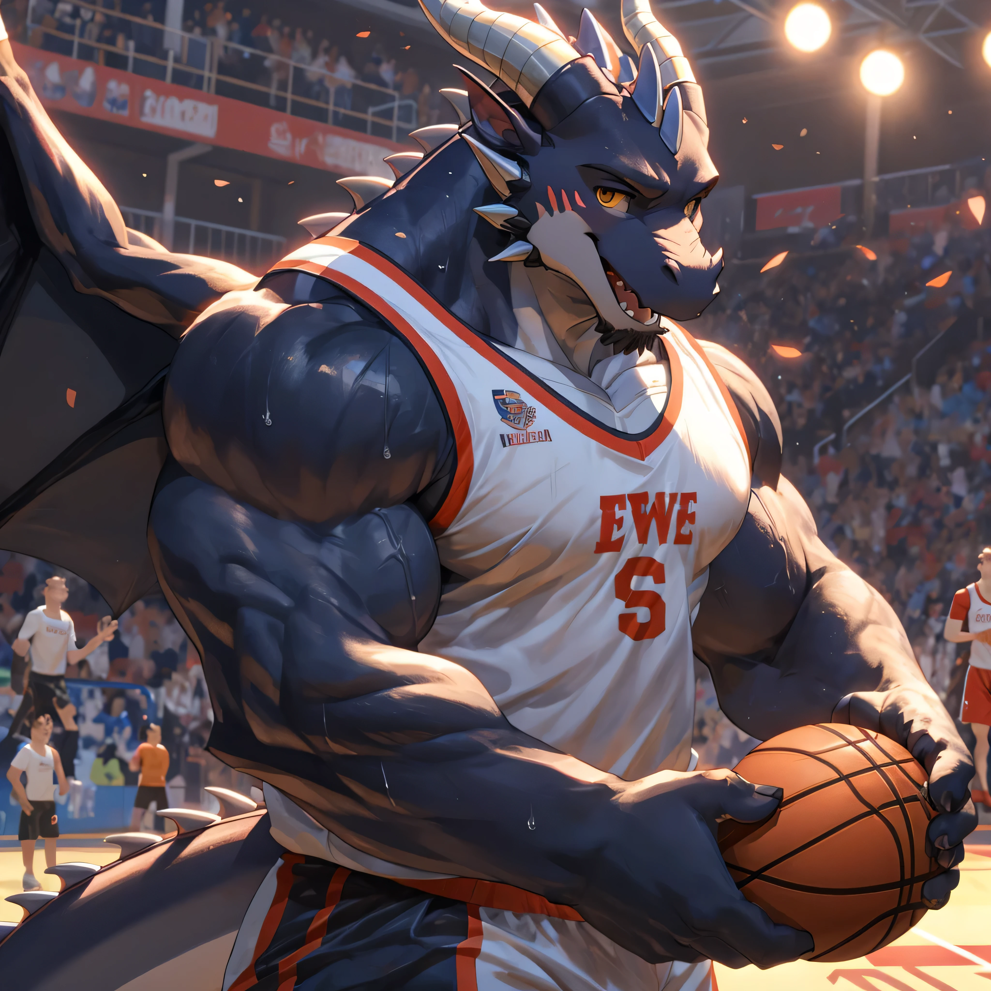 Publaz, (Black Dragon), Black fur, Two-color, Golden Eyes, (Muscular body:1.3), Perfect eyes, Handsome, OK,(White basketball jersey), (On the playground),(Express), Sports field background,(close up),(Happy eyes:1.2),Look at the screen,(Dragon Horn),(Dragon tail),Different students,A perfect masterpiece,(16K),White belly,Solitary,((Strong)),(Sports field background),(Sweat),(Dick:1.2),Perfect proportion,front,blush,(Wave hello,Watching you:1.5),(Basketball in hand:1.3),(Open your mouth slightly and breathe.:1.2),(Close Range:1.2),(clothes soaked with Sweat:1,3),Strong,muscle,more details,CG,