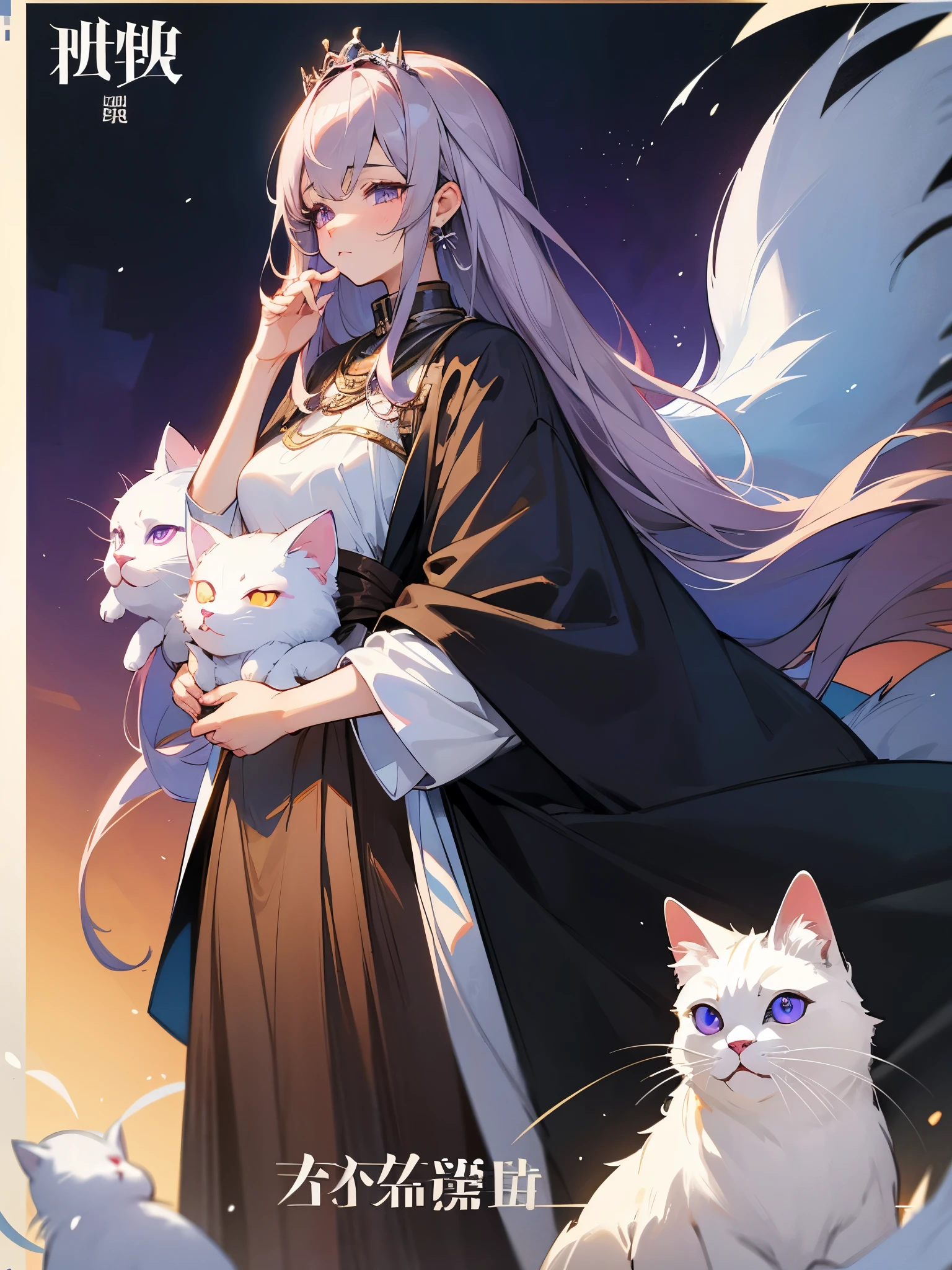 「The queen who is ignored by her husband、I decided to give up being a human~I was planning to enjoy a fluffy, free second life、For some reason they are kept as pets!~」Please draw a cover for a book with the title。
Please draw a man, a woman and a cat.。
The woman has silver hair、Please paint the eyes purple。
The man has brown hair、Eyes should be emerald。