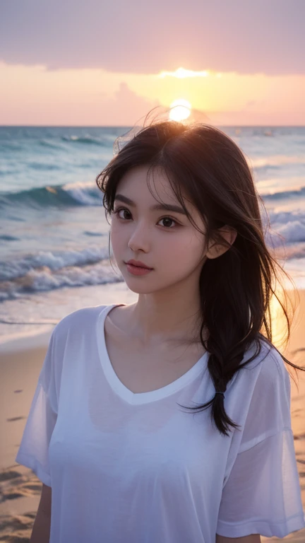 A girp in beach with big boops wearing white Tshirt , sunset , Super beautiful face , Highlighted boops , Looking like a model , Gorgeous sky