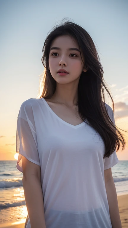 A girp in beach with big boops wearing white Tshirt , sunset , Super beautiful face , Highlighted boops , Looking like a model , Gorgeous sky