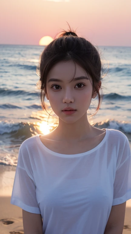 A girp in beach with big boops wearing white Tshirt , sunset , Super beautiful face , Highlighted boops , Looking like a model , Gorgeous sky 