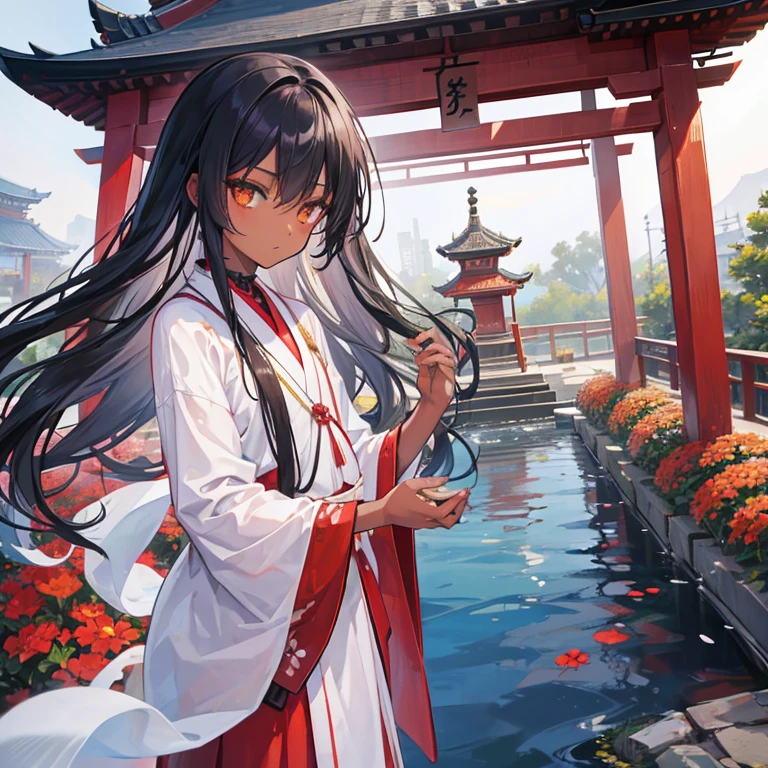 Small shintō MIKO with dark skin and long black hair, amber eyes, in the temple garden taking care of the flowers.
