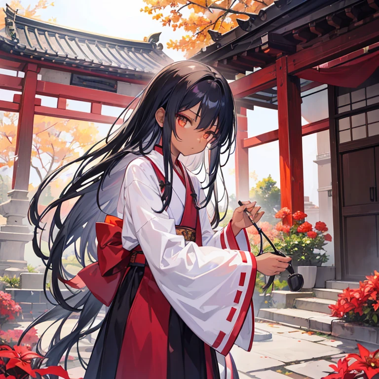 Small shintō MIKO with dark skin and long black hair, amber eyes, in the temple garden taking care of the flowers.