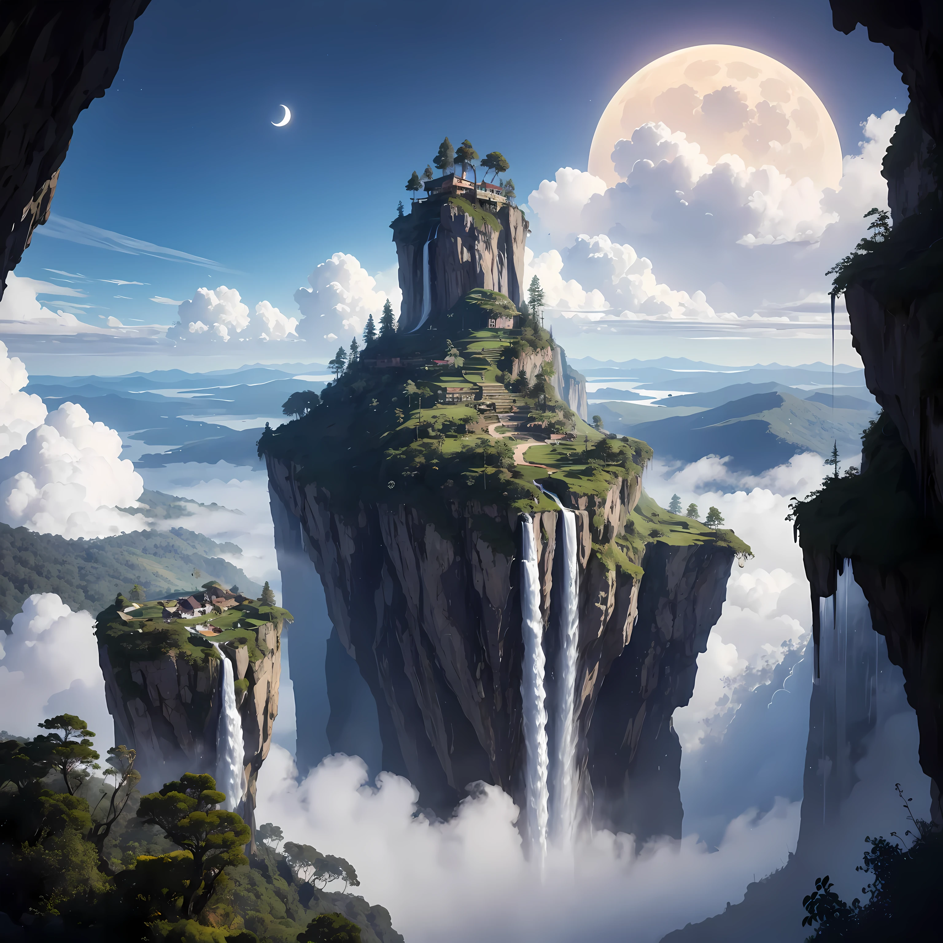 Looking down through a gap in the clouds above, the horizon is visible、Huge floating island covered in detailed clouds、Waterfall cascading down from the island、Two moons shine purple in the sky、Beautiful fantasy world、Amazingly detailed images、