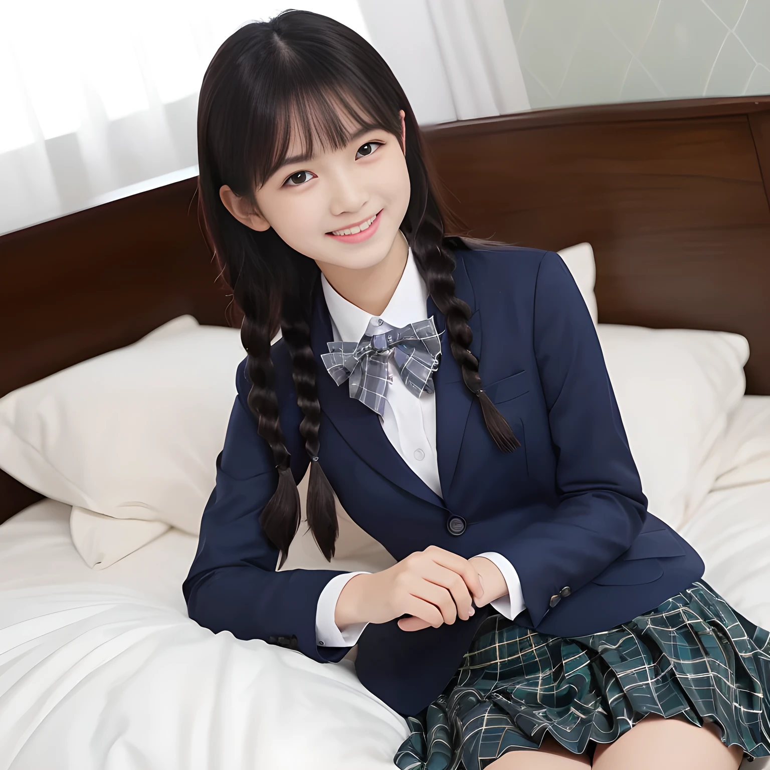 (highest quality、masterpiece:1.2)、highest quality、Realistic、photograph、High resolution、1080p、8K、Physical Rendering、((Height: 158cm)), two Japanese girls、((((((A beautiful Japanese magazine fashion model is lying on her bed looking at the viewer)))))), , (((big very detailed beautiful dark brown eyes))), ((((laughing at me!)))), detailed fingers, (((curled blunt bangs))), ((((Very large and cute eyes, carefully drawn with great attention to detail)))), ((double eyelids)), (((long eyelashes))), ((cute lovely lovely laughing laughing cheeks)), ((The pure white light hits my nose and cheeks.、Her eyes and white facial skin shine beautifully white.)), (((((Her facial features are very expressive lovely smile, very sweet, very very sweet))))), (((Shooting from the side))), ((((impressive plain navy large school ribbon bow tie in plain)))), ((((black very beautiful and very very long braids)))), (((((blue and navy colored tartan checkered formal long pleated pleated skirt))))), (((A formal dark blue blazer in solid that is slightly oversized and with a golden emblem))), ((As elegant as a noble princess)), (((Pure white bedroom))), Soft calves