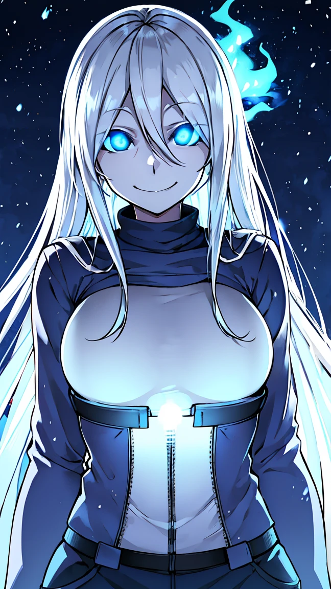 Toby Fox Undertale Sans Blue Jacket ,Fire eyes skull smile white long hair glowing snow town Femininefull big breast breast enlargement full-body shot