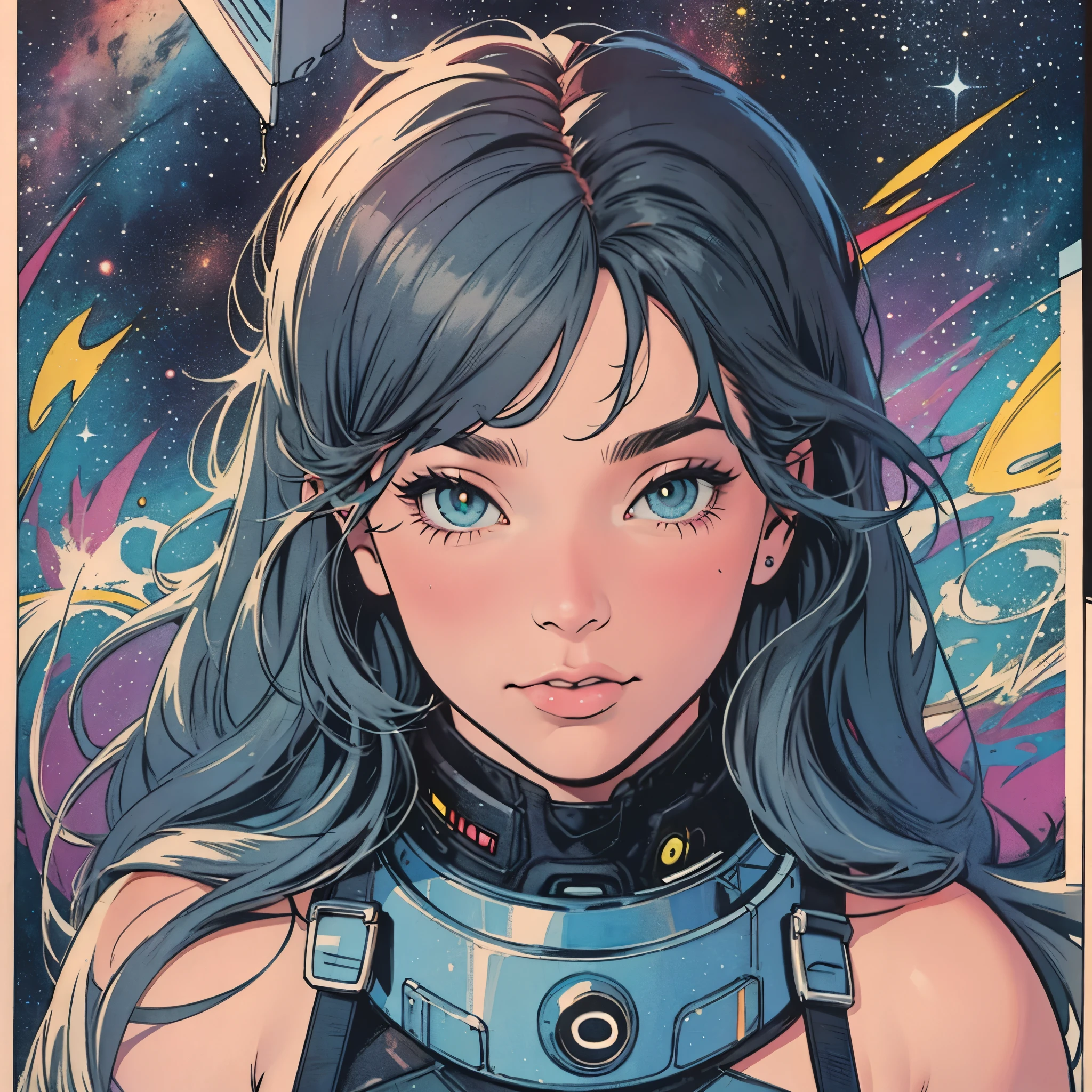 ultimate best quality,beautiful woman,speech bubble,big brest,galaxy,60s,70s,80s,colorful,cosmo,space,((Heterochromia))