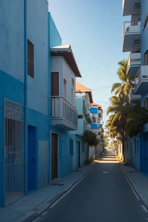 A straight road leading to a two storied hostel building of blue color that have semi circular design on top balcony. There are fences on both the sides of the road. One cycle is parked on the fence. There are palm trees leading to the hostel on the other side of the fence along with bushes. 4k highly detailed