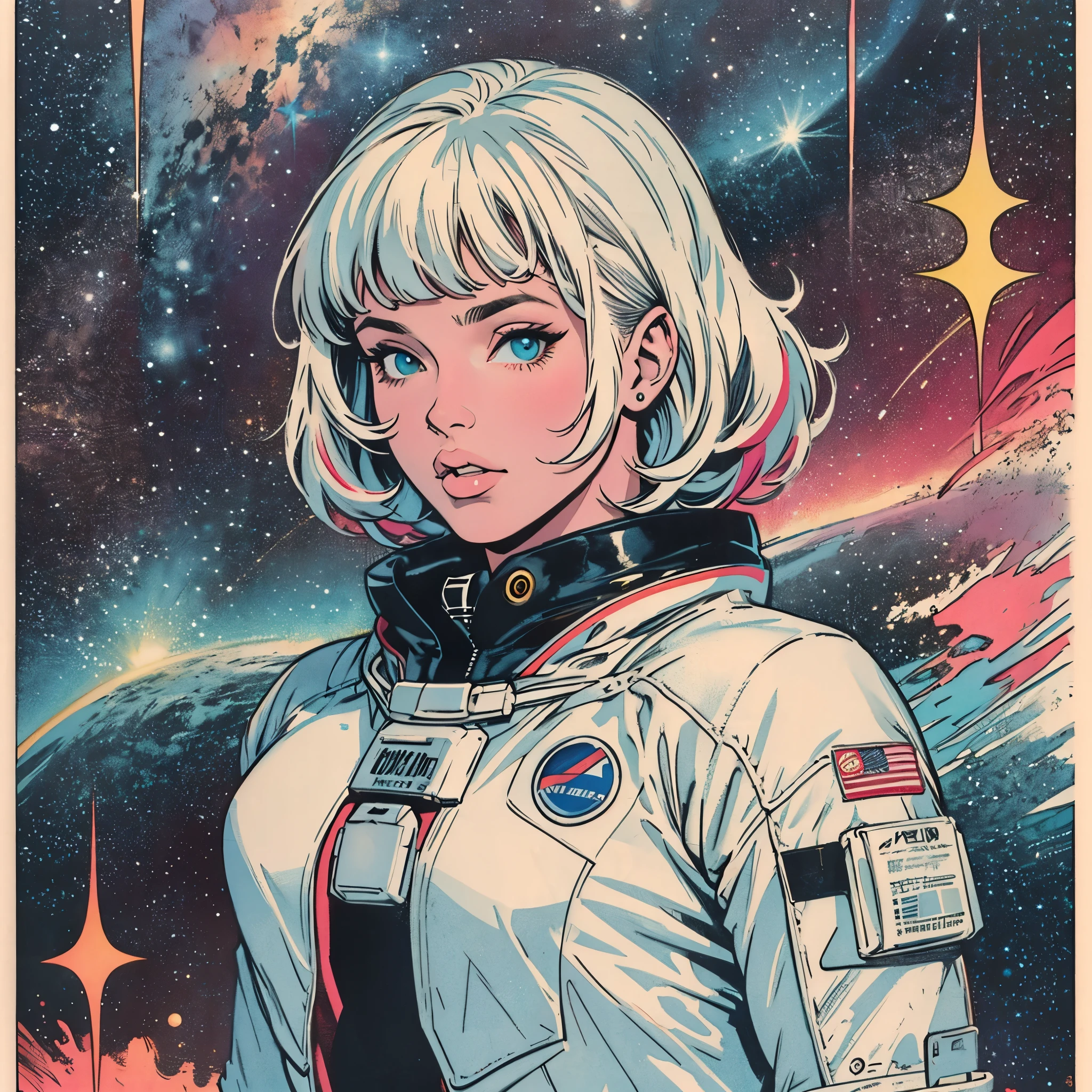 ultimate best quality,beautiful woman,speech bubble,big brest,galaxy,60s,70s,80s,colorful,cosmo,space,((Heterochromia))