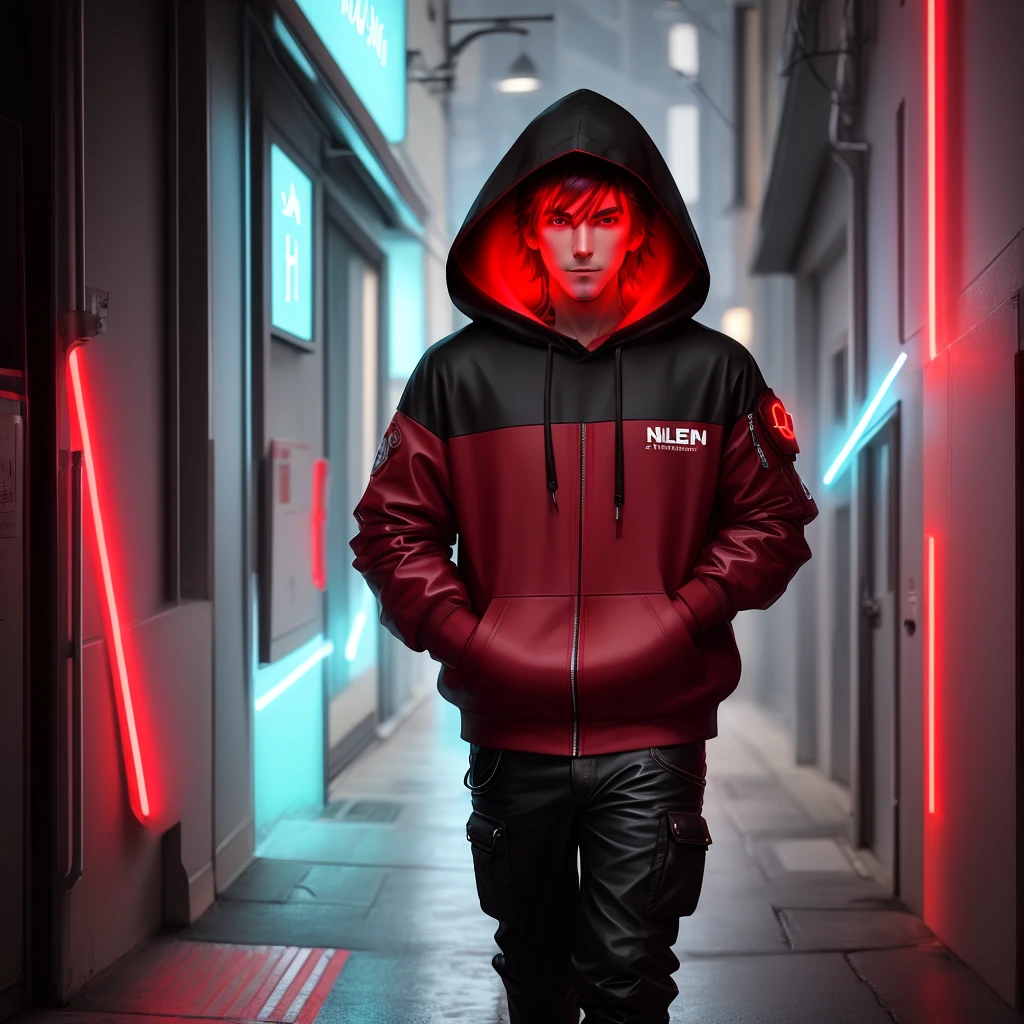 male character, hood, red neon