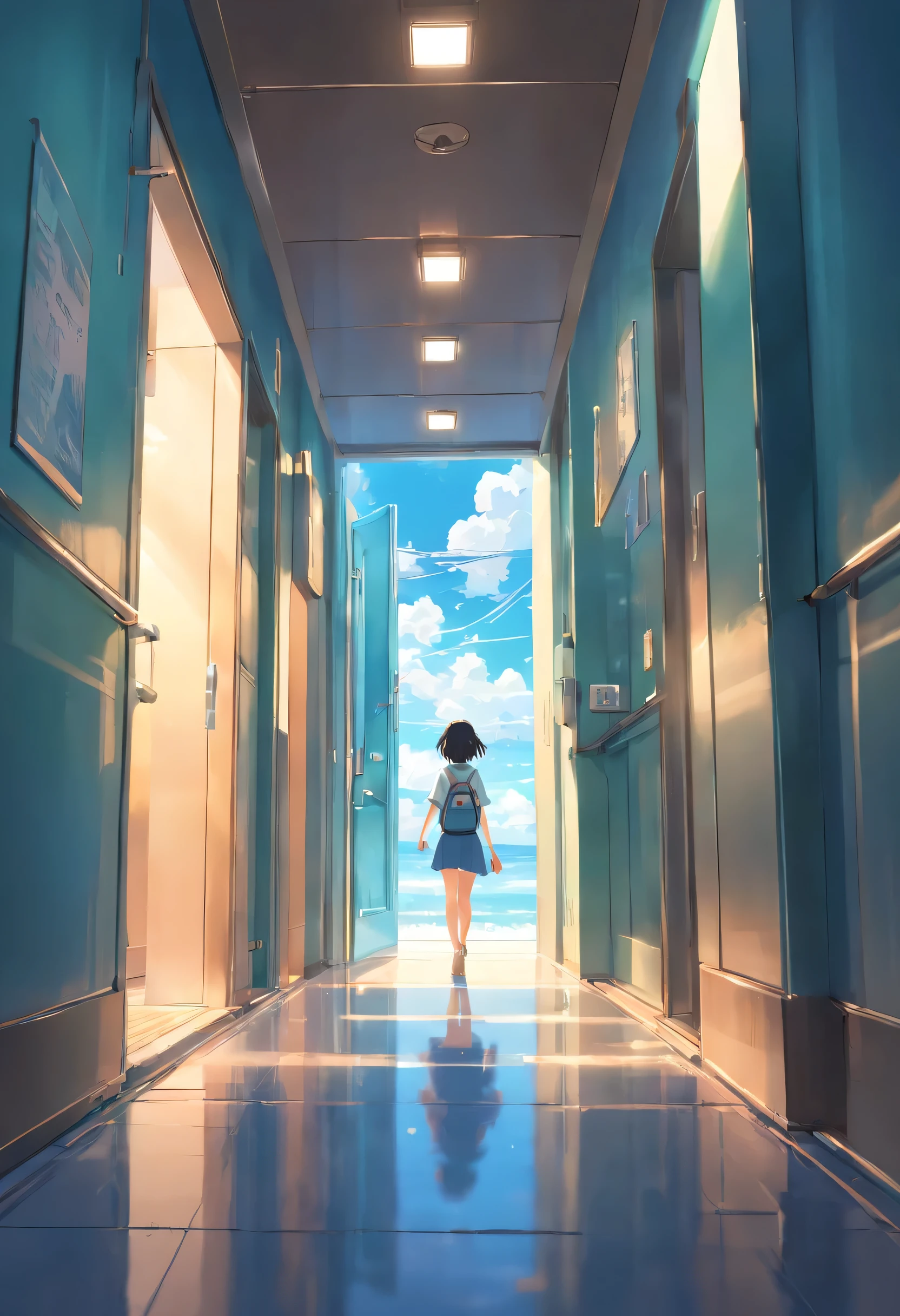 (best quality,high-res,wallpaper:,illustration),original,dof,(1girl:1.35),solitary,a floating boy along a long corridor that leads to a girl.