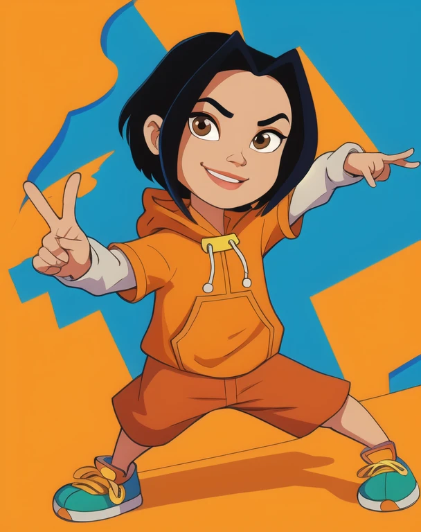 jadechan,short black hair,brown eyes,upper body,
orange short sleeved hoodie,white long sleeves,hood down,sneakers,blue pants,cartoon Hong Kong,morning,(insanely detailed, beautiful detailed face, masterpiece, best quality) solo, peace sign with fingers, smiling, full body view