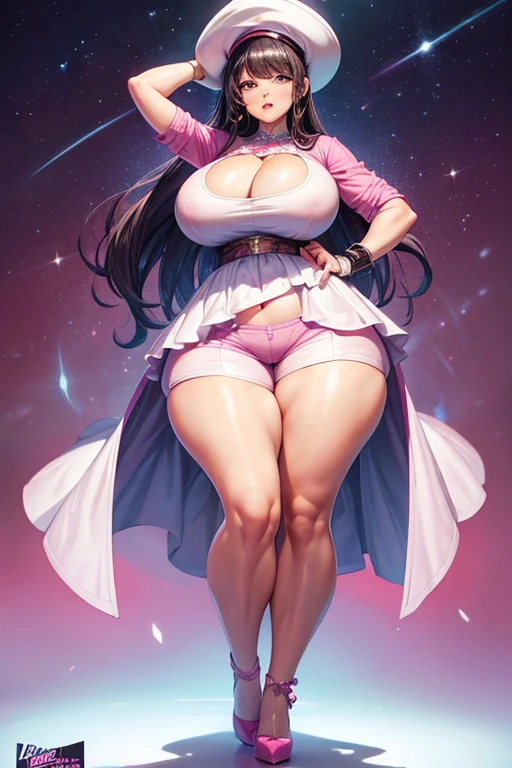 4k, digital painting, Comic Babes, araffe woman in pink shorts and white blouse standing on a pink carpet, thick thigs, beautiful thick female, thick, thick thighs, thick body, thick legs, thick, Violeta Myers, group, becomes if a curvy physique, tight attire, skinny waist and thick hips, big booty, angelawhite, Beautiful curves, curvy body