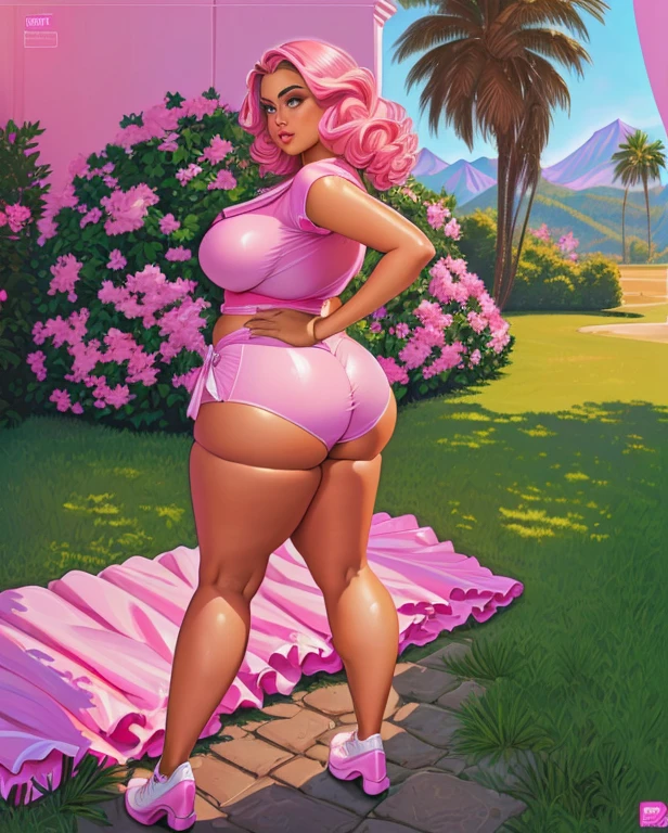 4k, digital painting, Comic Babes, araffe woman in pink shorts and white blouse standing on a pink carpet, thick thigs, beautiful thick female, thick, thick thighs, thick body, thick legs, thick, Violeta Myers, group, becomes if a curvy physique, tight attire, skinny waist and thick , big booty, angelawhite, Beautiful curves, curvy body