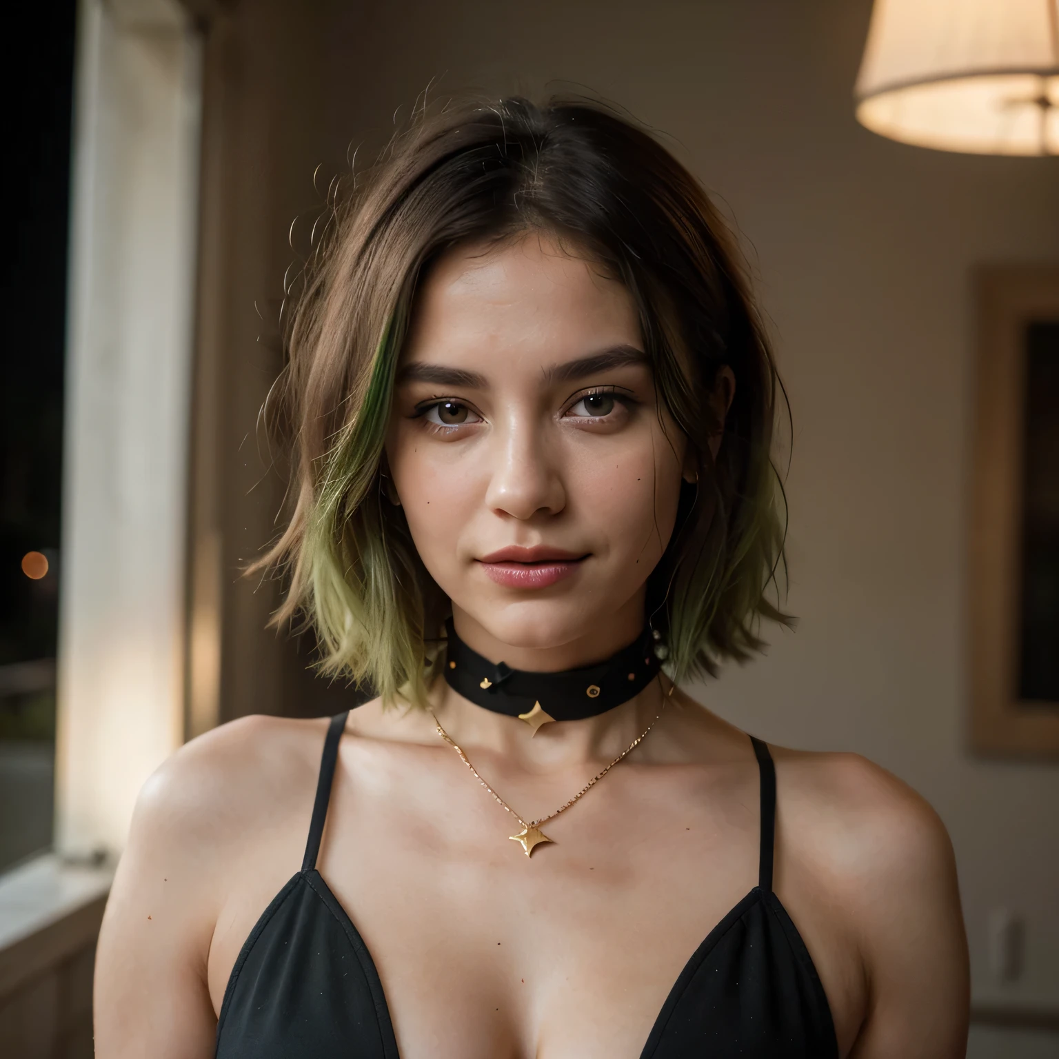 1girls, Nur, green Hair , 24 years old , Una chica hermosa que es una verdadera obra maestra de encanto juvenil, elige un elegante vestido de terciopelo con hombros abiertos.  Lleve una manta acogedora para su comodidad... ambiente: A bonfire is lit in the winter garden. The air is filled with the smell of roasting marshmallows and the crackling of the fire.. ella tiene el pelo corto., que le llegue hasta los hombros. justo encima de su hombro, the ends of your hair will be green! especially green!, su hermoso rostro, piel facial brillante, no pressure, modelo de instagram muy hermosa, imagen realista.  dynamic composition, movimiento, ultra detallado, incredibly detailed, muchos detalles, detalles finos y pinceladas sorprendentes, suaves. Short hair, shoulder length short hair!