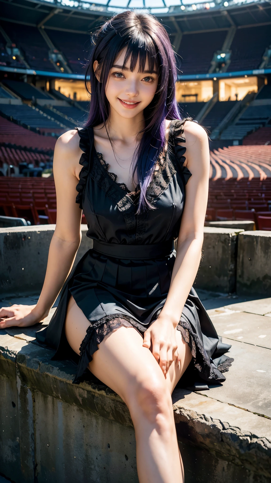 highest quality, masterpiece, Ultra-high resolution, (Realistic:1.2), (Portrait) RAW Photos, 1 girl,22 years old,No bra,((Smiling with teeth showing)),((Big smile)),((National Stadium Live Venue)),((Black sleeveless dress with frill lace,Black above knee length skirt)),((Blue-purple hair)),Messy Hair,((Cap Chestnut)),((Short bangs)),Realistic,Image Media Chest)),