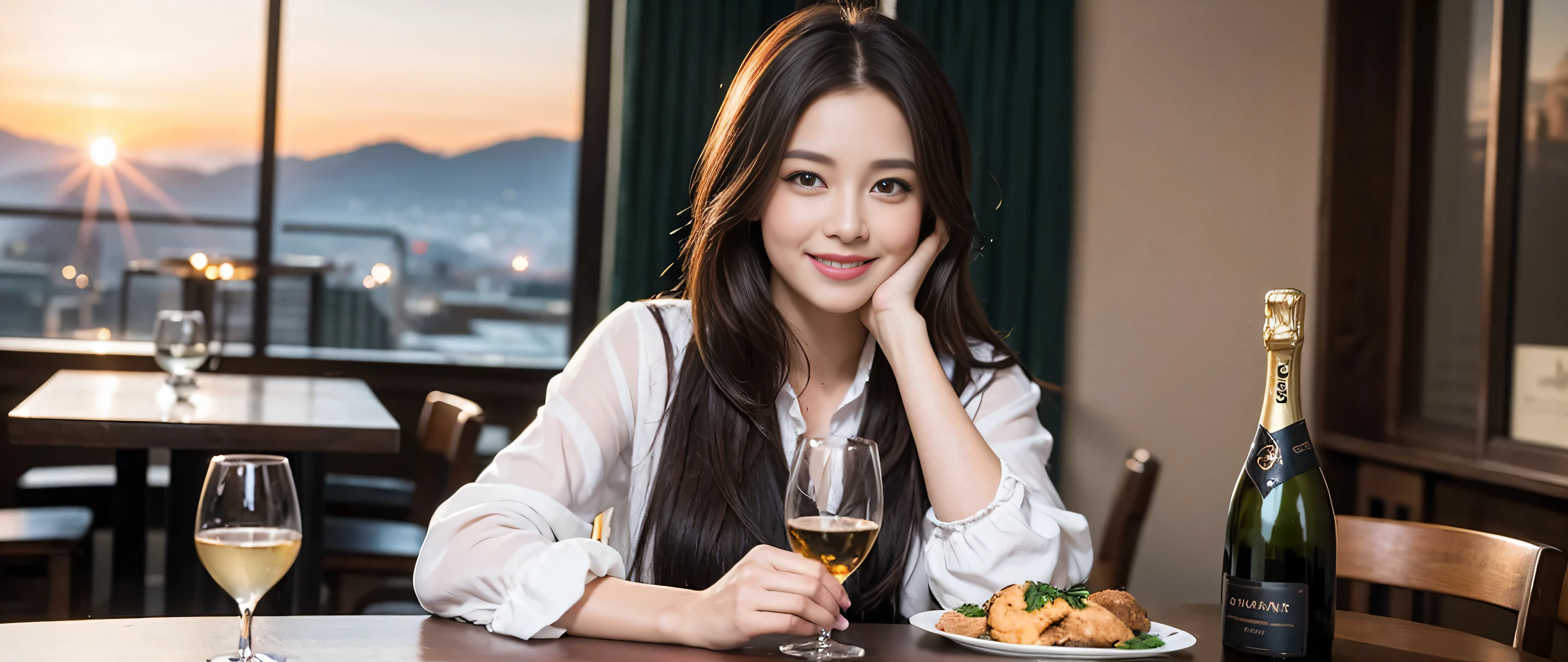 ((highest quality、8k、masterpiece:1.3))、Beautiful woman perfect body:1.4、Slim body、((Bob Hale、Straight hair:1.2))、 Ultra-high resolution, Bright image、2. The beauty of wine, Beautiful Face, blue eyes, Beautiful Eyes, The light shines on your face, Blushing your nose, short hair,Amazing view of the sunset sky and clouds、Amazing mountain views、A bright smile、A lovely woman with a smile、Bright Face、Fox face、Lady、Champagne、Wine bottle、wine glass、red wine 、Appetizers、Italian food、Two beauties、Brown Hair、Shortcuts、Long sleeve shirt、Winter Fashion、dress、Wine bottle、sparkling wine、Pretty Woman 1, (Slim face), (Brown Hair), (Shortcuts), cheeks turn a little red, (36 years old), 39 years old, Attractive beauty、restaurant, Nova Frog Style, actress, model, Upper Body, White wine, slim, wine glass, A wine glass placed in the middle, smile, (smile: 1.15), Beautiful Eyes, Strong light and shadow,Moist Body:1.5、Delicate eyes、Brown Hair、The hair is very shiny、
