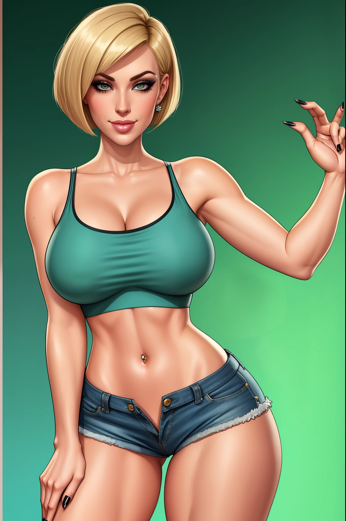 Carolyn Dunn, daisy dukes, sexy girl, blowing kiss, looking at camera,  seductive smile, blonde, bobcut, pixiecut, standing