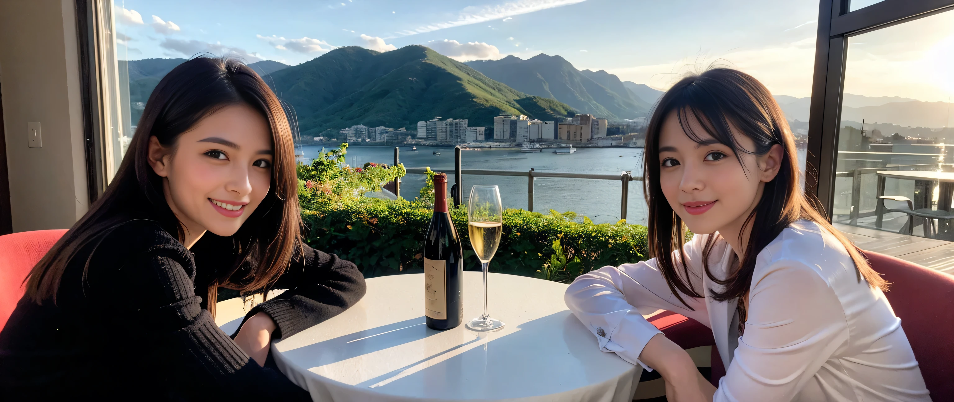 ((highest quality、8k、masterpiece:1.3))、Beautiful woman perfect body:1.4、Slim body、((Bob Hale、Straight hair:1.2))、 Ultra-high resolution, Bright image、2 people. The beauty of wine, Beautiful Face, blue eyes, Beautiful Eyes, The light shines on your face, Blushing your nose, short hair,Amazing view of the sunset sky and clouds、Amazing mountain views、A bright smile、A lovely woman with a smile、Bright Face、Fox face、Lady、Champagne、Wine bottle、wine glass、red wine 、Appetizers、Italian food、Two beauties、Brown Hair、Shortcuts、Long sleeve shirt、Winter Fashion、dress、Wine bottle、sparkling wine、Pretty Woman 1, (Slim face), (Brown Hair), (Shortcuts), cheeks turn a little red, (42 years old), 39 years old, Attractive beauty、restaurant, Nova Frog Style, actress, model, Upper Body, White wine, slim, wine glass, A wine glass placed in the middle, smile, (smile: 1.15), Beautiful Eyes, Strong light and shadow,Moist Body:1.5、Delicate eyes、Brown Hair、The hair is very shiny、