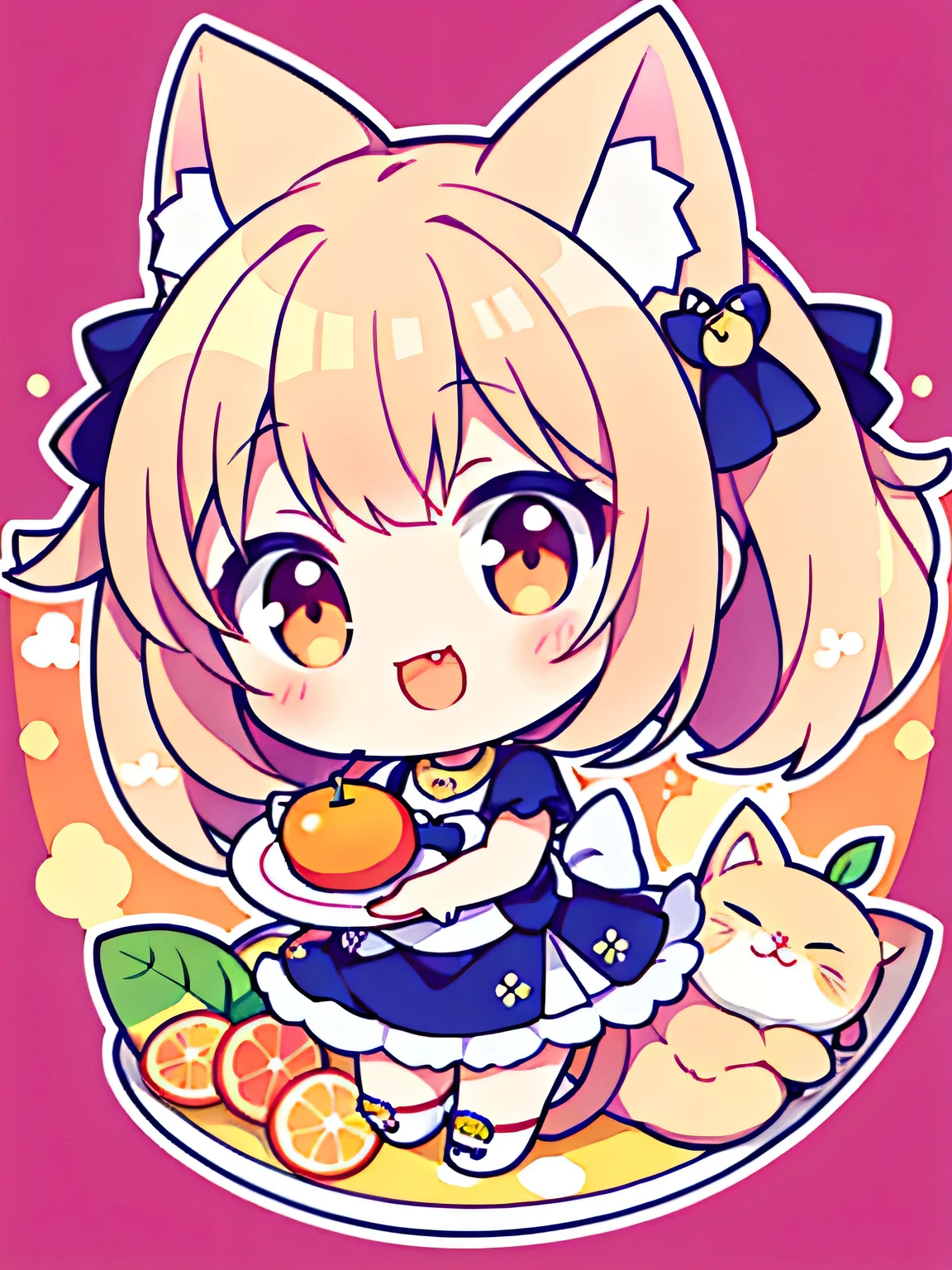 Chibi Character, Cat, cute, 仔Cat, Big smile,Fruit platter