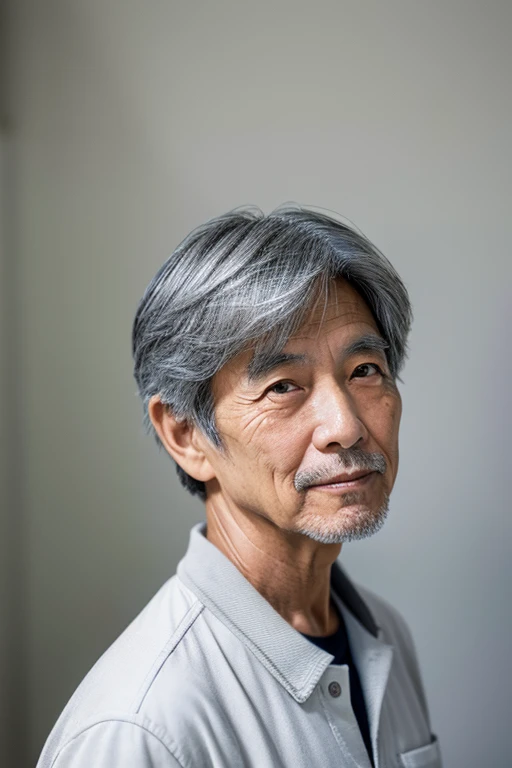 A 60-year-old Japanese man with clean-cut gray hair facing forward