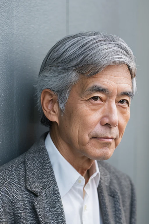 A 60-year-old Japanese man with clean-cut gray hair facing forward