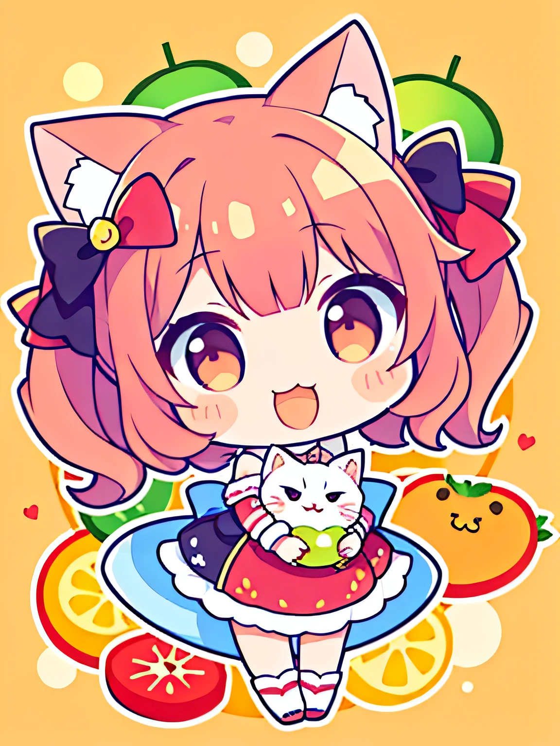 Chibi Character, Cat, cute, 仔Cat, Big smile,Fruit platter