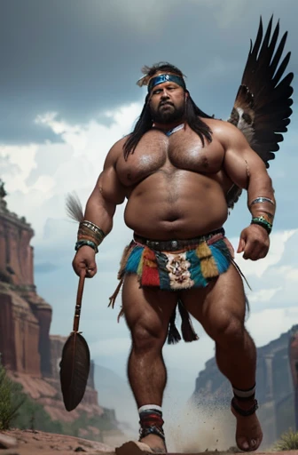 A shirtless Apache warrior with a huge eagle feather headdress on his head obese full body bodybuilder with a very sweaty body an extremely muscular and extremely fat old man over 70 years old weighing over 600 pounds very muscular very hairy large pecs with dark nipples with gynecomastia in a a landscape of the Colorado canyon wearing a loincloth in the rain