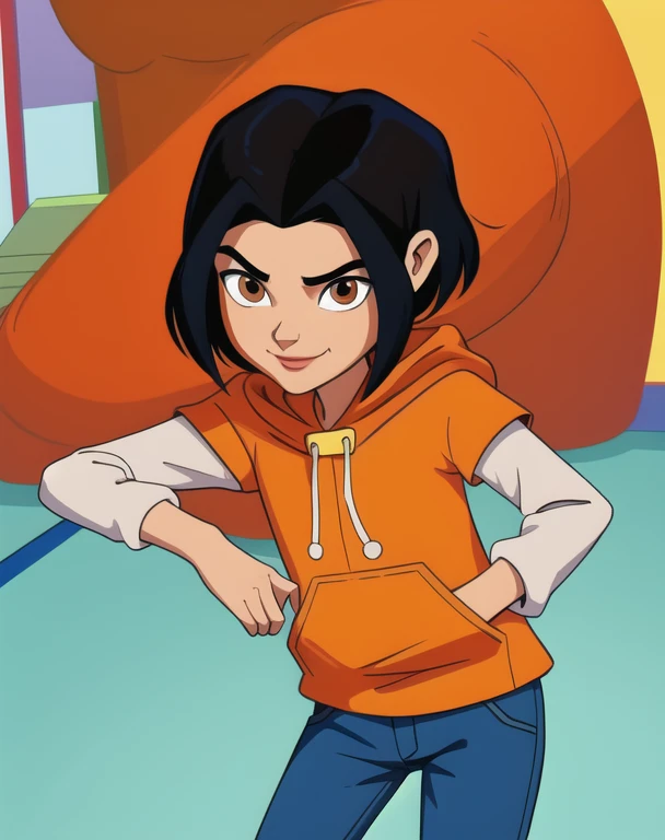 jadechan,short black hair,brown eyes,upper body, skinny, skinny legs, skinny hands, skinny neck,
orange short sleeved hoodie,white long sleeves,hood down,sneakers,blue pants,cartoon Hong Kong,morning,(insanely detailed, beautiful detailed face, masterpiece, best quality) solo, hands in pockets hoodie , smiling, full body view