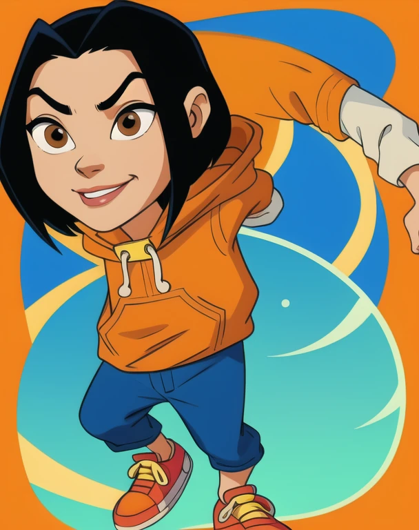 jadechan,short black hair,brown eyes,upper body, skinny, skinny legs, skinny hands, skinny neck,
orange short sleeved hoodie,white long sleeves,hood down,sneakers,blue pants,cartoon Hong Kong,morning,(insanely detailed, beautiful detailed face, masterpiece, best quality) solo, hands in pockets hoodie , smiling, full body view