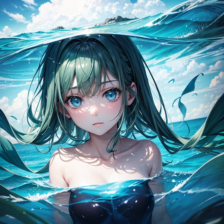 Draw a surreal [blue].
  double-exposure photograph, green, grey showing [girl] and ,[ sea]The background should be white and minimalistic. A detailed and photorealistic image.