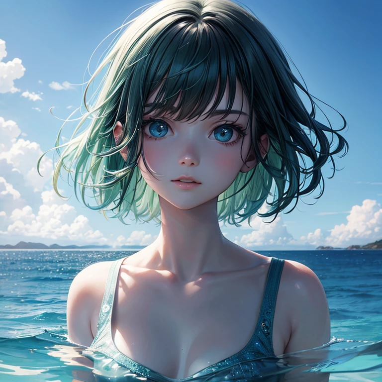 Draw a surreal [blue].
  double-exposure photograph, green, grey showing [girl] and ,[ sea]The background should be white and minimalistic. A detailed and photorealistic image.