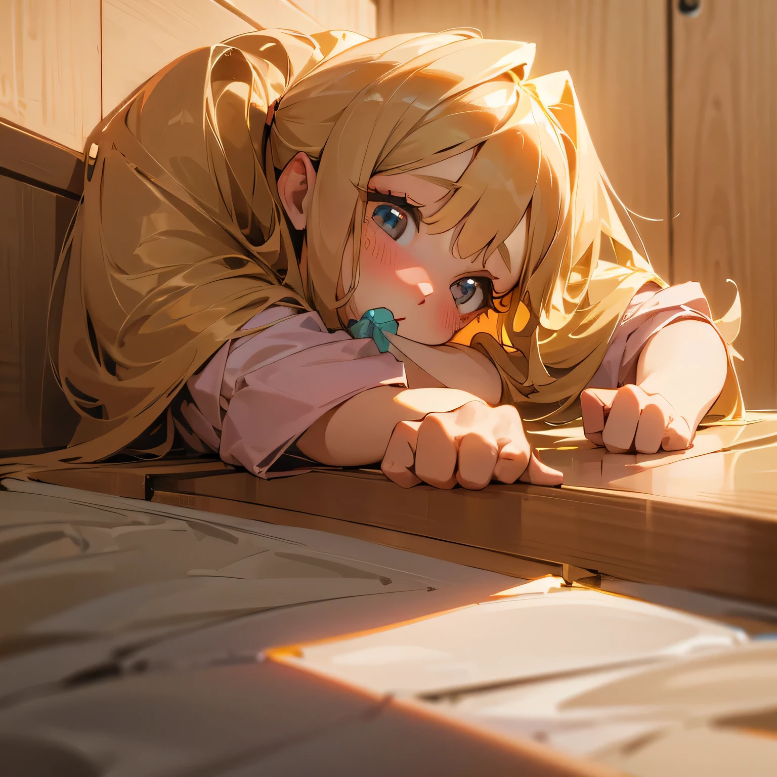 Blonde and long hair, A tiny baby girl wearing a diaper, age 0、((Wearing a pacifier)) blush , Beautiful Eyes, Fine grain, 4K, masterpiece, Crawling, Front Angle, Front view,