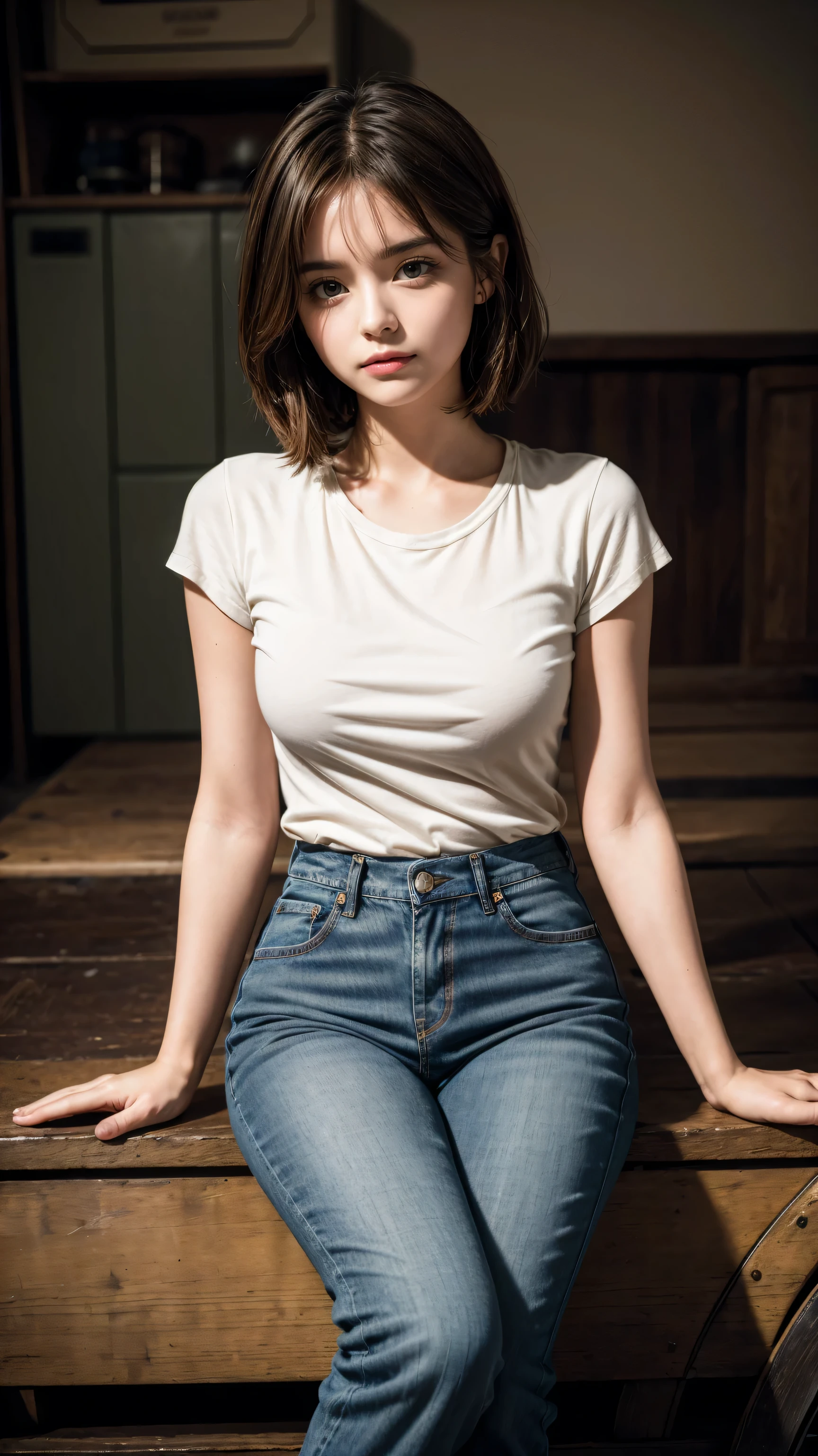 Jenna Coleman (Jenna Coleman) Photo of me sitting in a panel at Comic-Con, (Wear jeans and a skinny shirt),(cleveage), extremely high quality RAW photograph, Detailed background, Wheels within wheels, Exquisite details and textures, Very detailed, Ultra-detailed photos, Warm lighting, Art Station, 4K, Clear focus, high resolution, Delicate skin, Delicate eyes, 8K Ultra HD, DSLR camera, high quality, Film Grain, Fuji XT3,