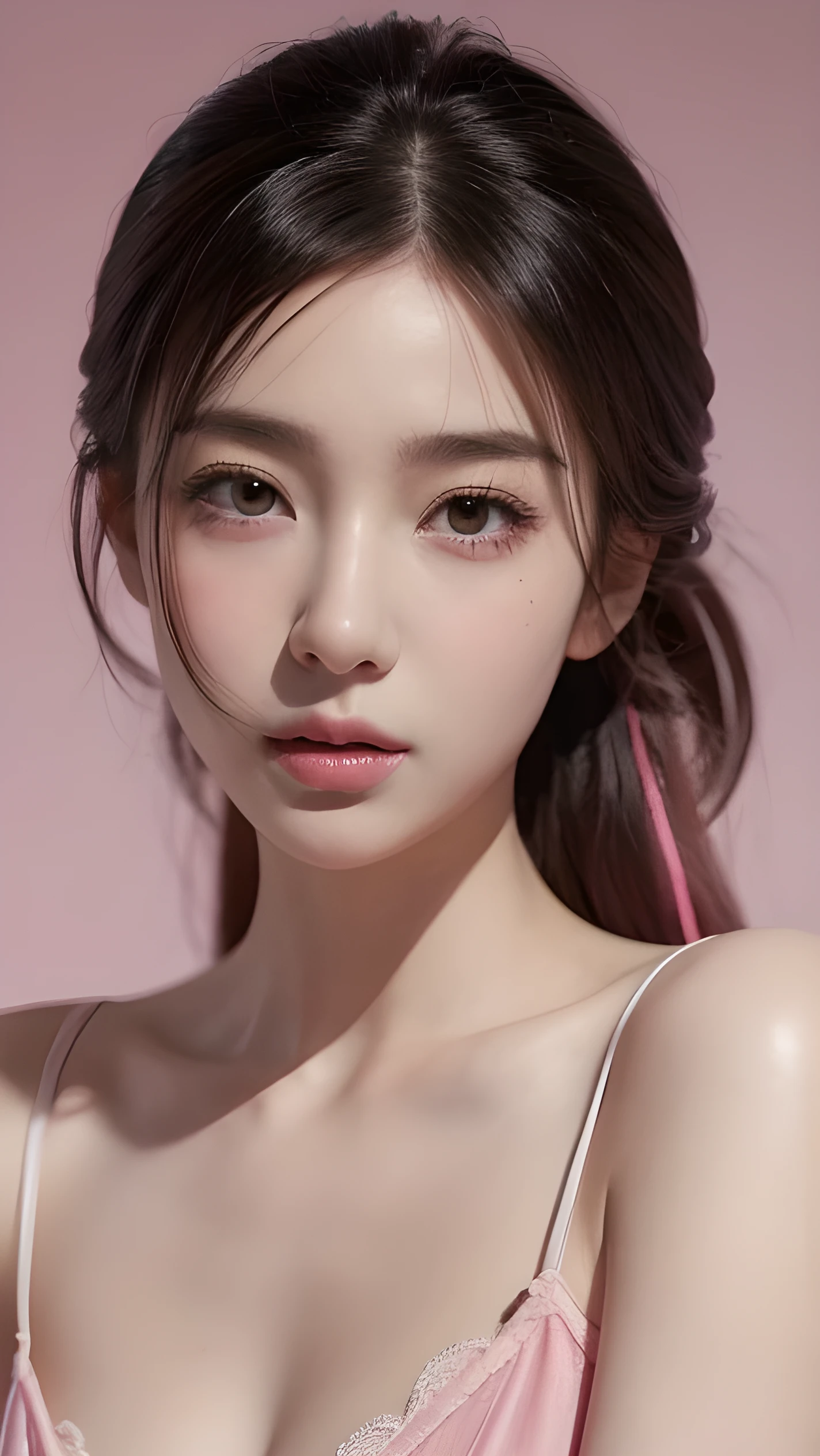 Beautiful lip detail, Soft portrait of a beautiful woman, leotard, Detailed face, Anime girl with pink hair and a ribbon in her hair, Fantasy art, Japanese, (((Ultra-realistic))) photograph, (highest quality:1.2, Very detailed, up to date, Vibrant, Ultra-high resolution, High Contrast, masterpiece:1.2, highest quality, Best aesthetics), Textured skin. Spectacular and inspiring cinema lighting, 1girl, black hair