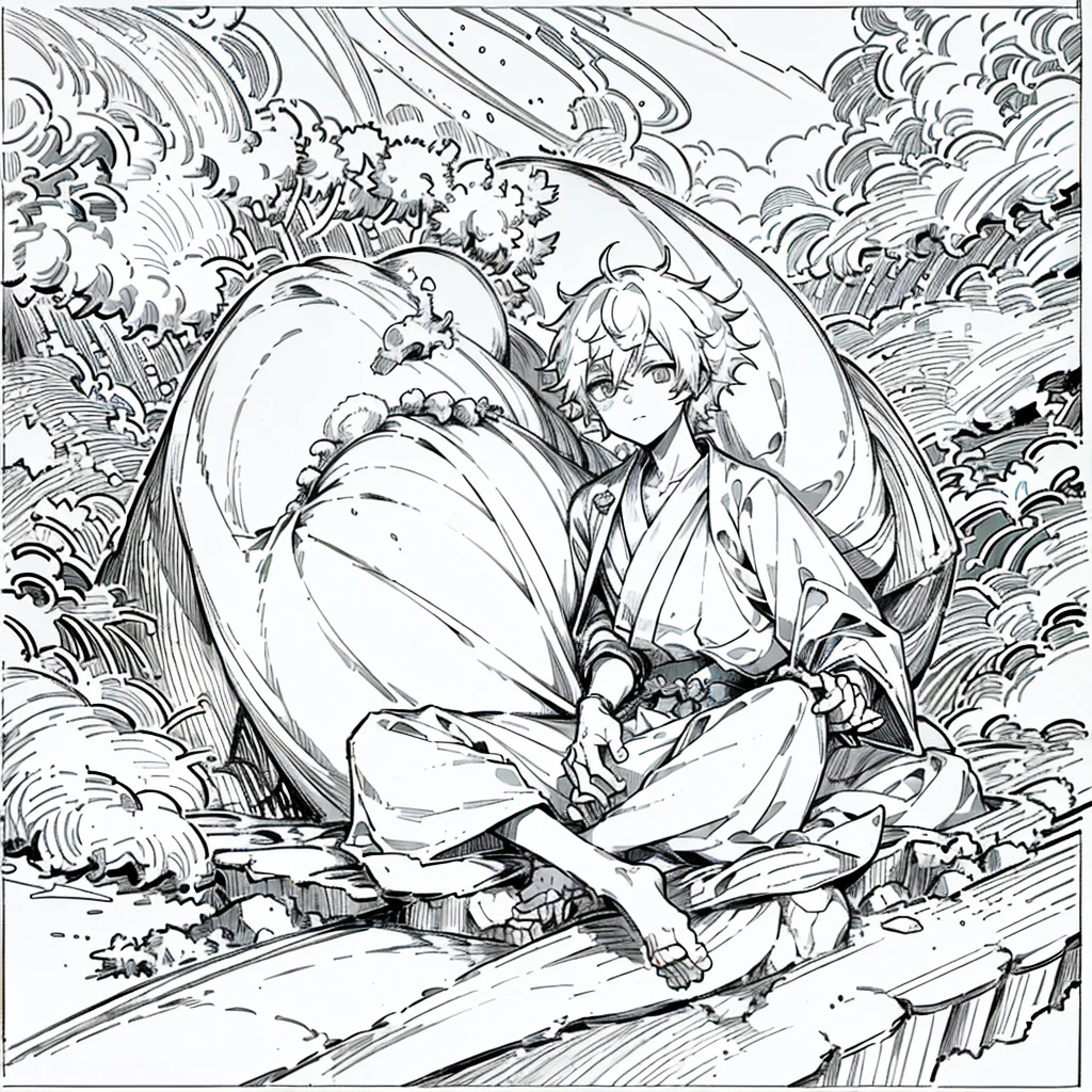 Anime boy with shaggy, spiky hair, wearing a traditional monk's robe, stark contrast between his youthful appearance and the venerable garb. A traveller at heart, always carrying a backpack filled with essentials, versatile in adapting to various situations. The serene expression on his face belies the fire within, ready to defend those in need. (Determination, Sensei, Backpack, Diverse)
Anime boy, adorned with the monk's bald head, sits peacefully on a rock, surrounded by nature. His attire is simple yet elegant, symbolizing his devotion to the monastic way of life. A vers