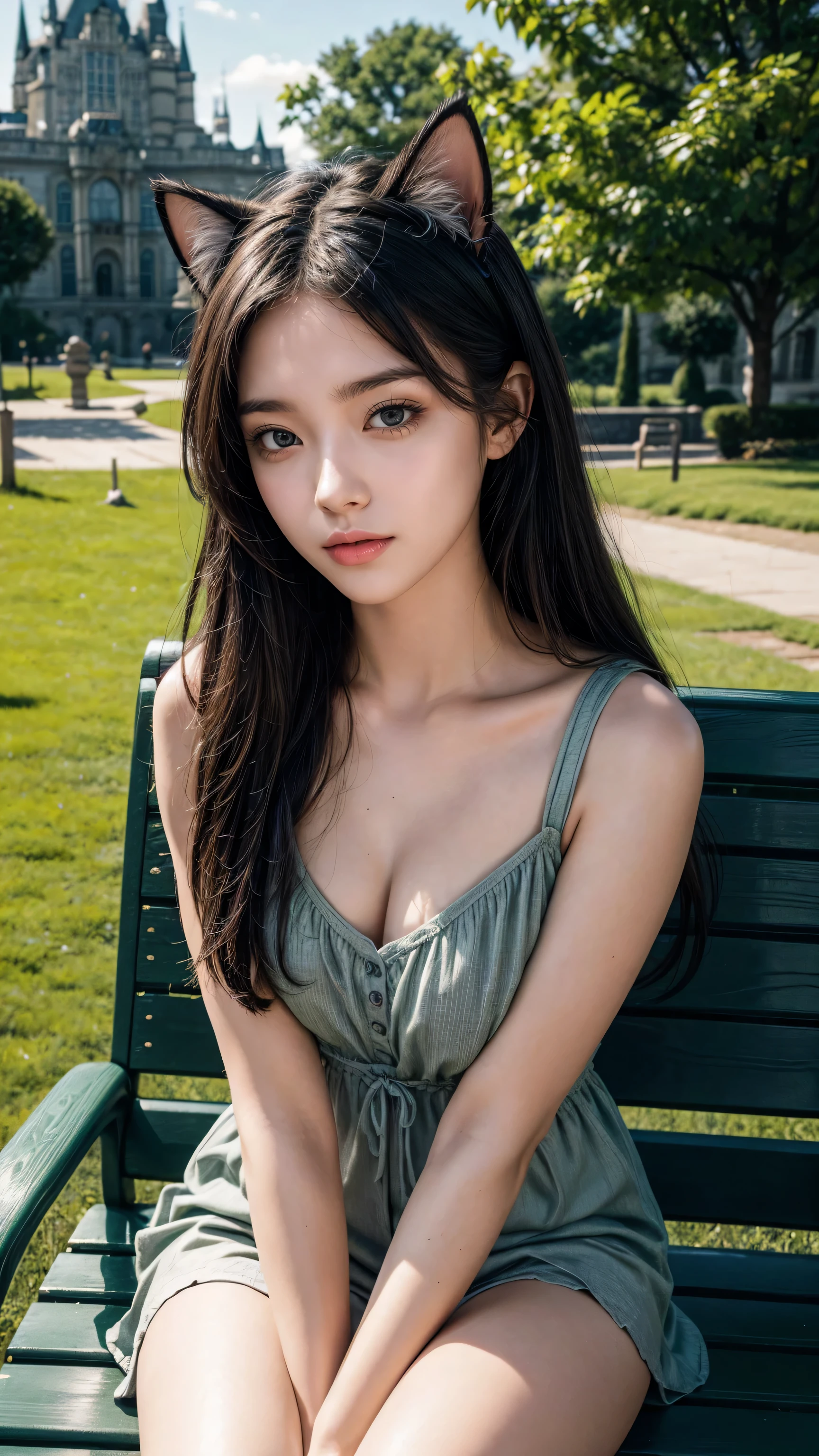 masterpiece, best quality, high resolution, Cat ears, Black Hair, Castle Background, Green Eyes, Sit on a bench