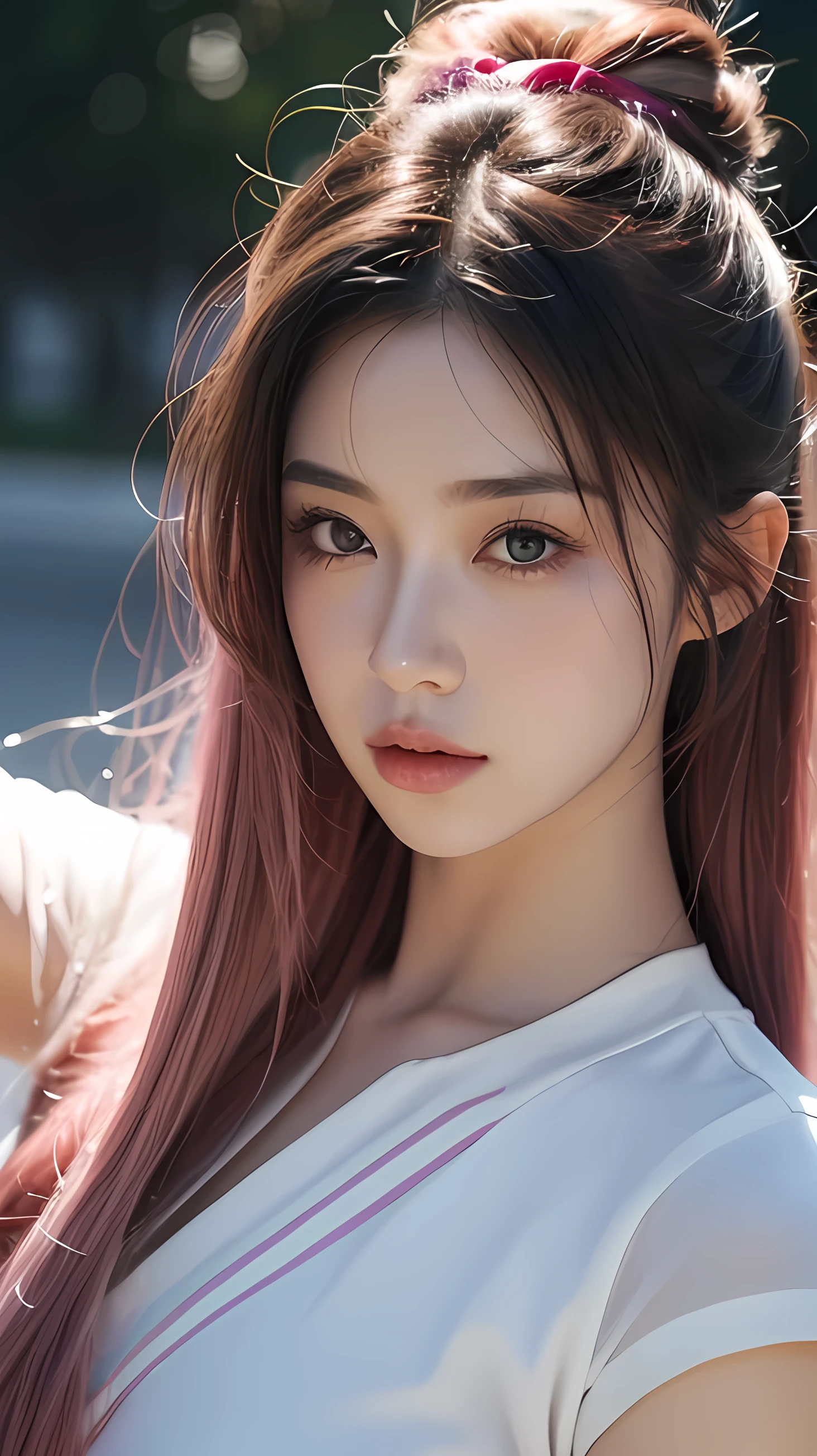 Beautiful lip detail, Soft portrait of a beautiful woman, leotard, Detailed face, Anime girl with pink hair and a ribbon in her hair, Fantasy art, Japanese, (((Ultra-realistic))) photograph, (highest quality:1.2, Very detailed, up to date, Vibrant, Ultra-high resolution, High Contrast, masterpiece:1.2, highest quality, Best aesthetics), Textured skin. Spectacular and inspiring cinema lighting, 1girl, black hair