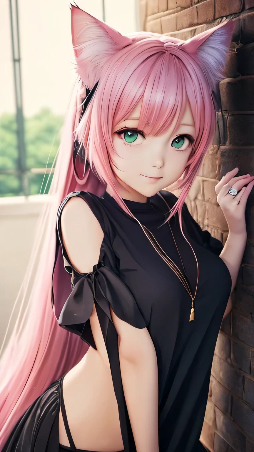 There is a woman with pink hair and cat ears., Very beautiful cute cat girl, Charming cat girl, Real life anime girls, Ultra realistic anime, beautiful Anime cat girl, Anime cat girl, Beautiful young cat girl, Very Beautiful Anime Cat Girl, Surreal , Enchanting anime girl, cute Anime cat girl, Cat ears anime girl、Full body