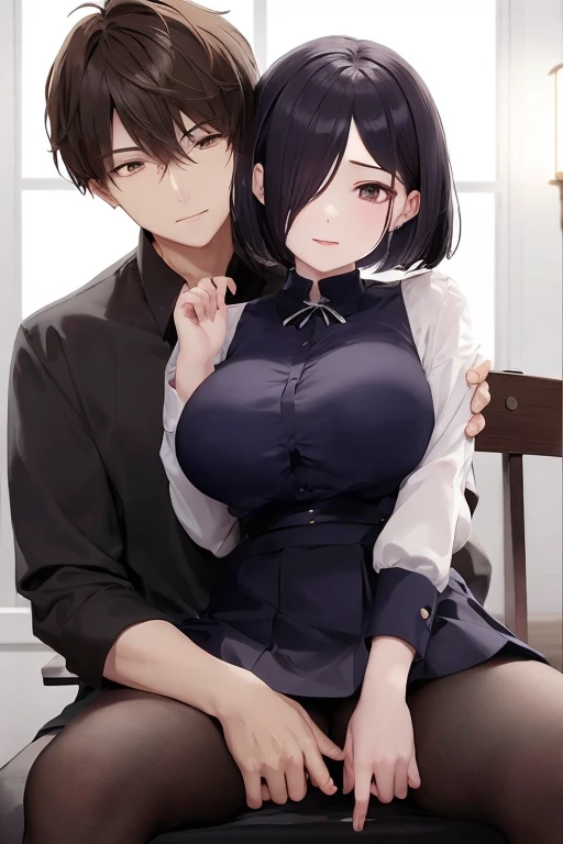 top-quality　​masterpiece　Male and female couples　Girl sitting on a chair wearing a tight skirt over a blouse with big breasts。Boy hugging her from behind。Boy in high school long pants uniform with mash cut hairstyle。Without glasses、Revenge relationship