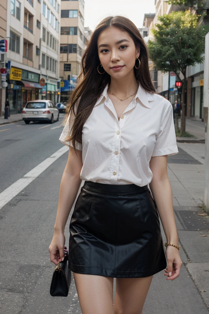 an asian girl, skirt, bag, shirt, orange_skirt, car, motor_vehicle, long_hair, white_shirt, realistic, outdoors, ground_vehicle, brown_hair, looking_at_viewer, collared_shirt, short_sleeves, road, blurry, handbag, blurry_background, solo, holding, jewelry, breasts, street, smile, holding_bag, earrings, lips, building, day, city, pencil_skirt, standing