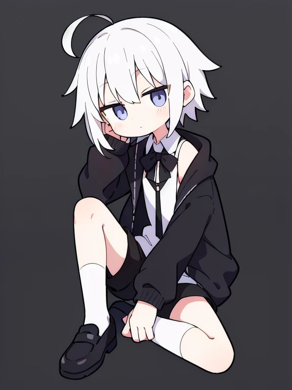 Silver Hair　Short Hair　Ahoge　black hoodie jacket　White dress shirt　Black tie　Black shorts　White socks　Black Loafers　Headphones on shoulder　Eyes are black　Smiling　